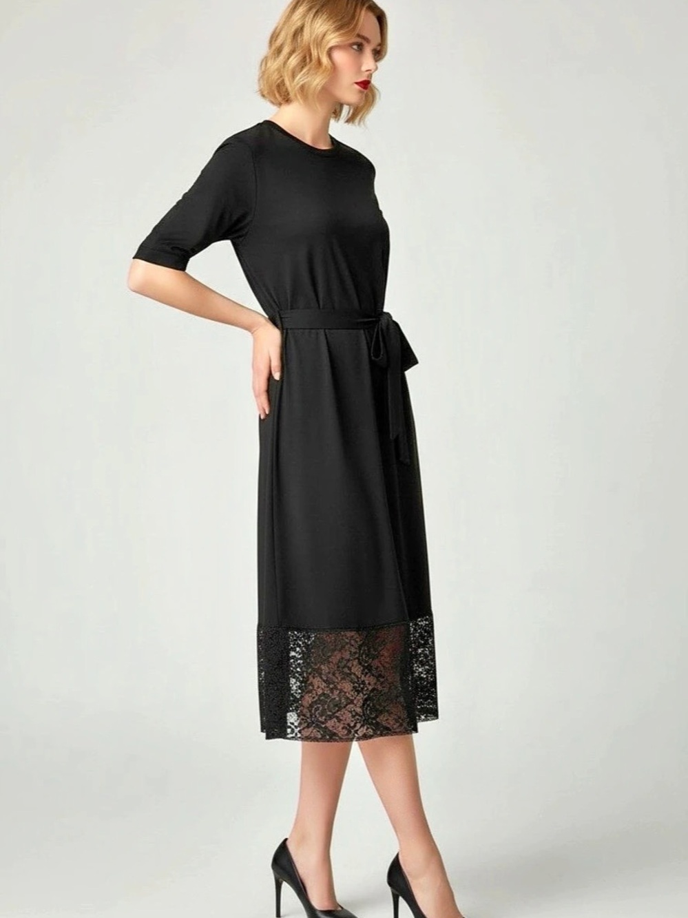 Louis Vuitton NWT Black  Lace Hem Belted Midi Dress Size 38